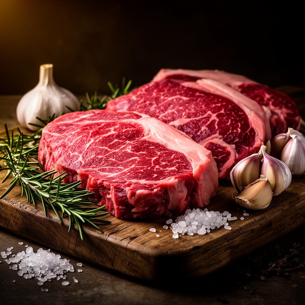 Fresh raw beef cuts on a wooden butcher board with rosemary and garlic